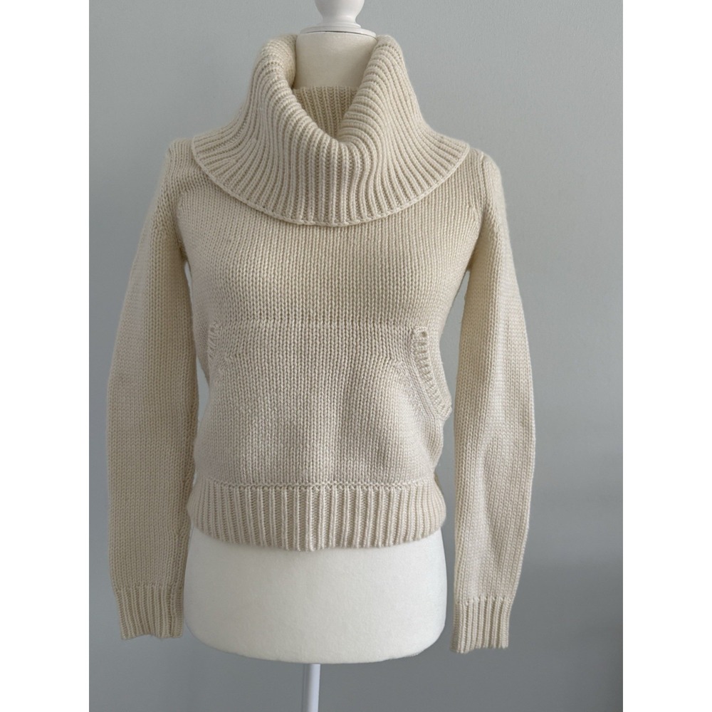Wool Blend Women's Chunky Knit Turtleneck Sweater Ivory, Cropped XS